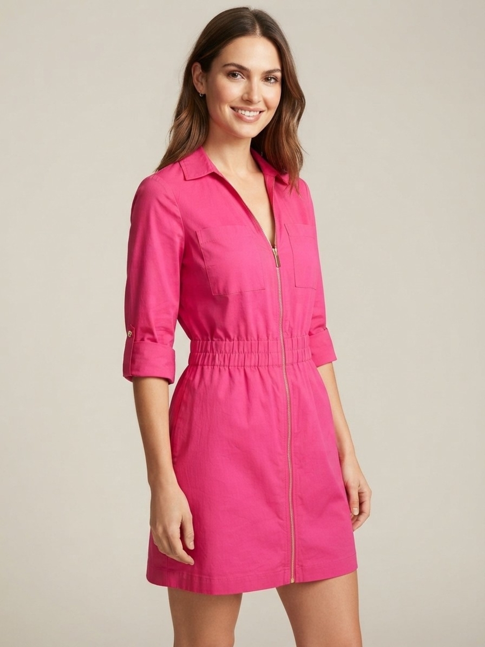 NWT Michael Kors Hot Pink Utility Zip Shirt Dress Size M